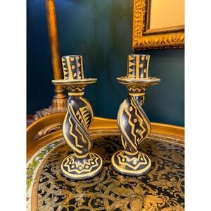 Mid-Century Black & Tan Stone Candle Holders – 7" Twisted Pair